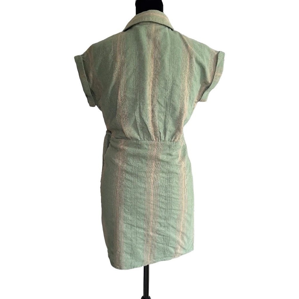 Sage Green Striped Wrap Tie Waist Button Front Dress XS Cottagecore Travel Linen - Picture 3 of 10